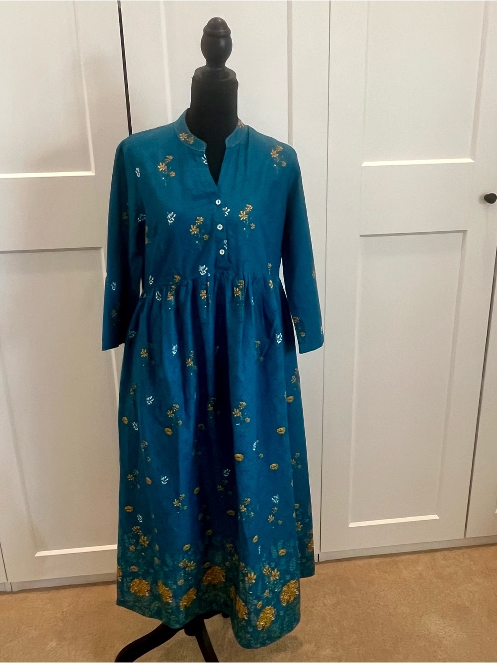 Biba Teal Frock with Gold and White Floral Accents Gathered Waist Cotton Bust 36